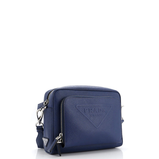 Prada Triangle Logo Messenger Bag Embossed Saffiano Leather Small