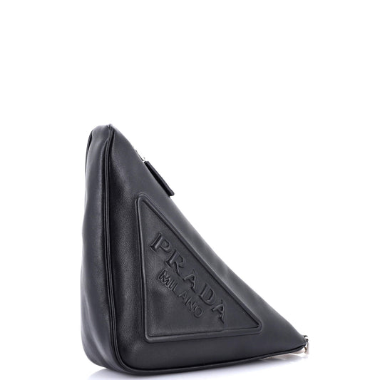 Prada Triangle Logo Wristlet Pouch Embossed Leather