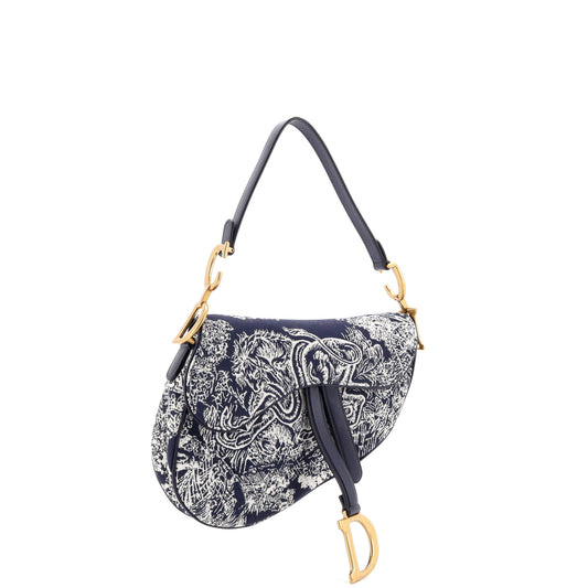 Christian Dior Toile de Jouy Saddle Bag, Embroidered Canvas, Medium