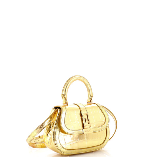 Versace Greca Goddess Top Handle Bag Crocodile Embossed Leather Mini