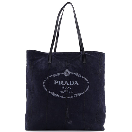 Prada Logo Shopping Tote Denim and Linen Blend