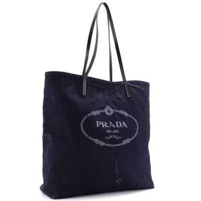 Prada Logo Shopping Tote Denim and Linen Blend
