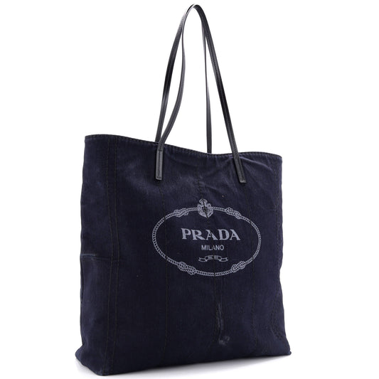 Prada Logo Shopping Tote Denim and Linen Blend