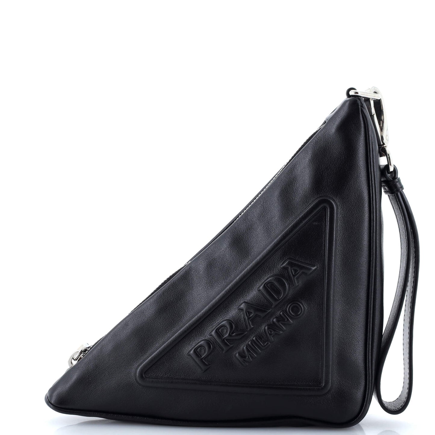 Prada Triangle Logo Wristlet Pouch Embossed Leather
