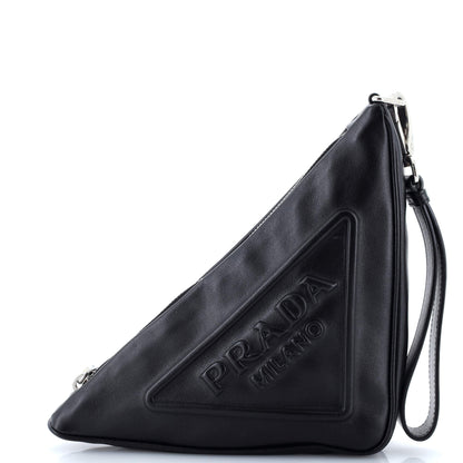 Prada Triangle Logo Wristlet Pouch Embossed Leather