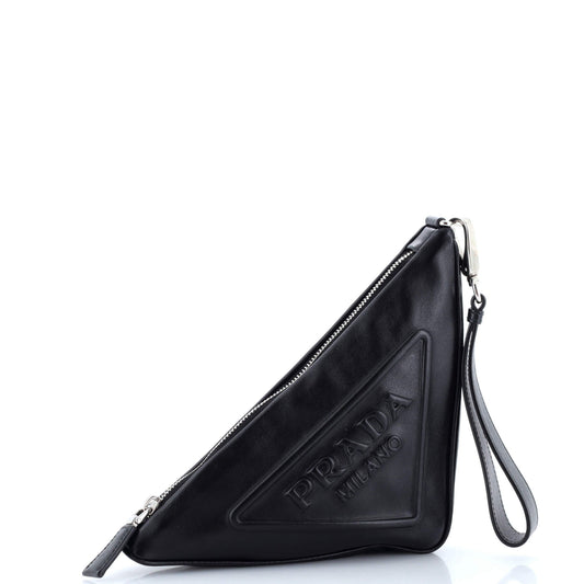 Prada Triangle Logo Wristlet Pouch Embossed Leather