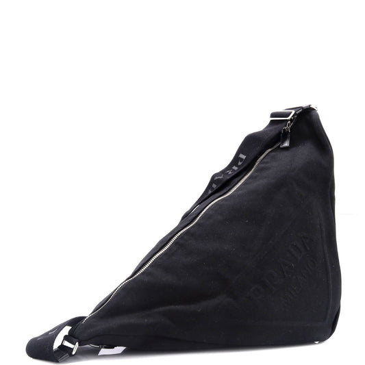 Prada Triangle Logo Zip Crossbody Bag Embossed Canvas Large