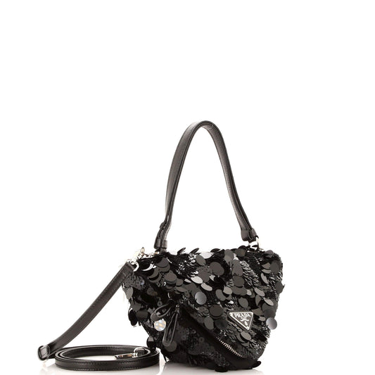 Prada Triangle Convertible Zip Handbag Sequin with Leather
