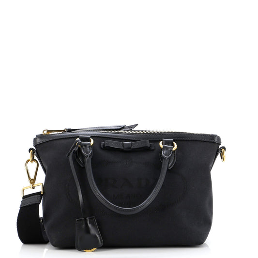 Prada Logo Convertible Zip Tote Canvas with Leather Small