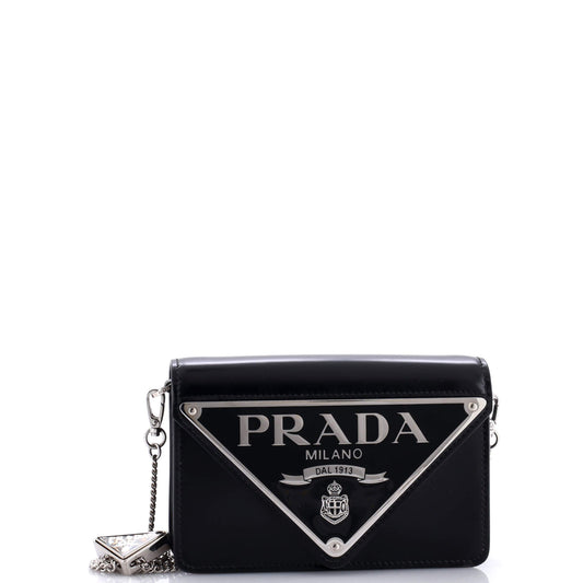 Prada Maxi Triangle Logo Chain Flap Bag Brushed Leather Small