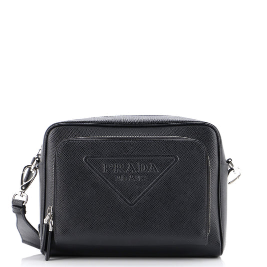 Prada Triangle Logo Messenger Bag Embossed Saffiano Leather Small
