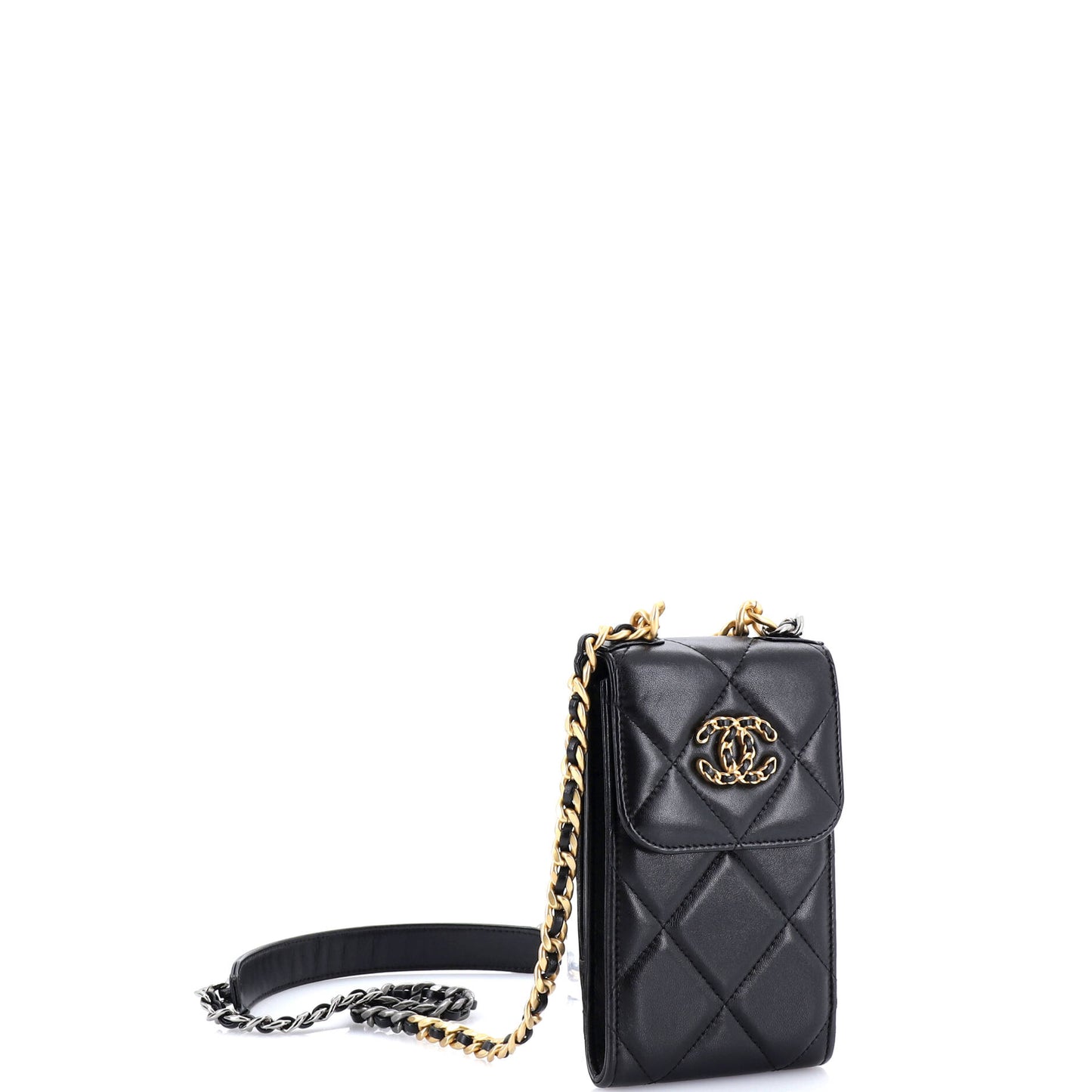 シャネル 19 縦型携帯電話ホルダー チェーン付き キルティング ラムスキン