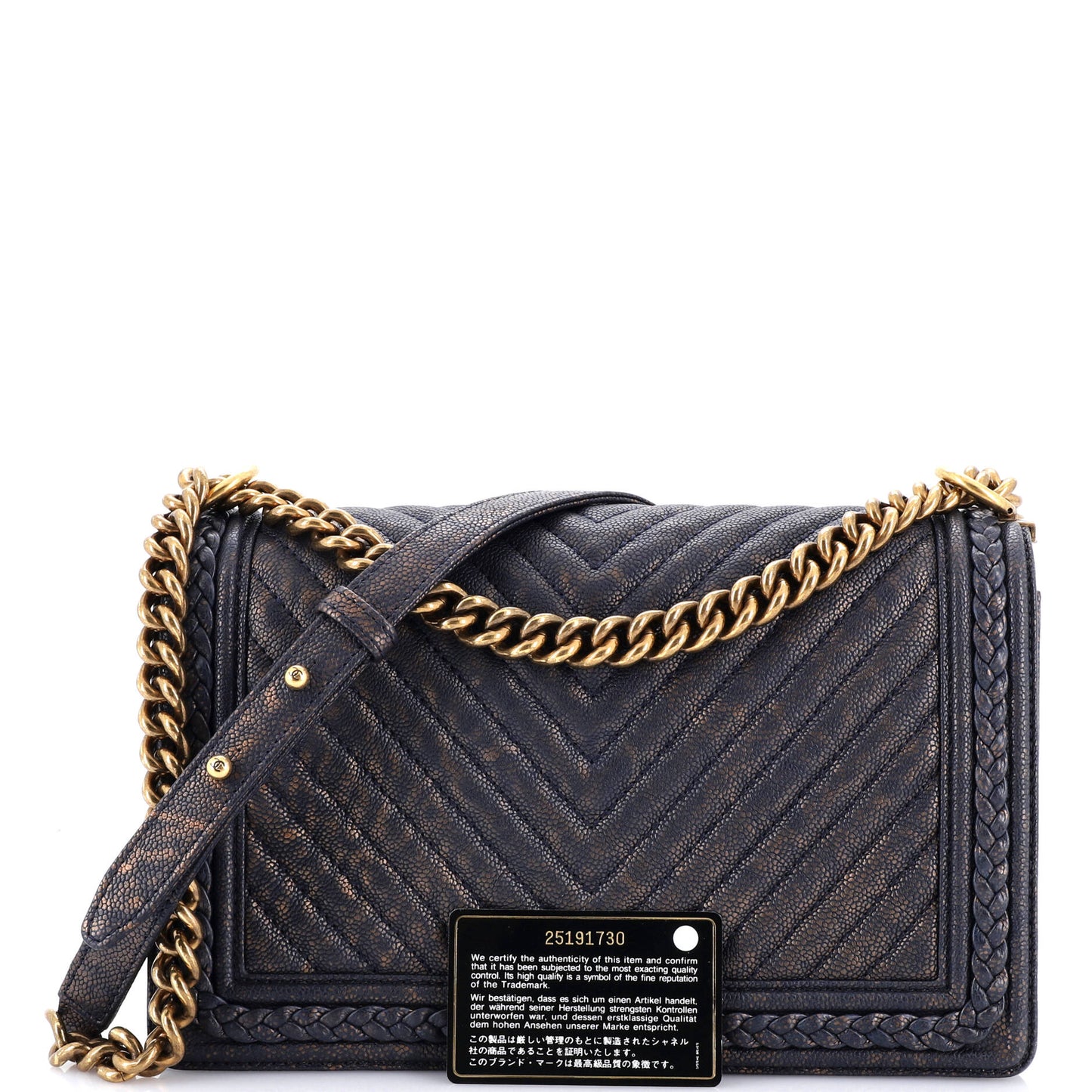 シャネル ブレイデッド ボーイ フラップバッグ パティーヌ加工 シェブロン キャビア ニューミディアム