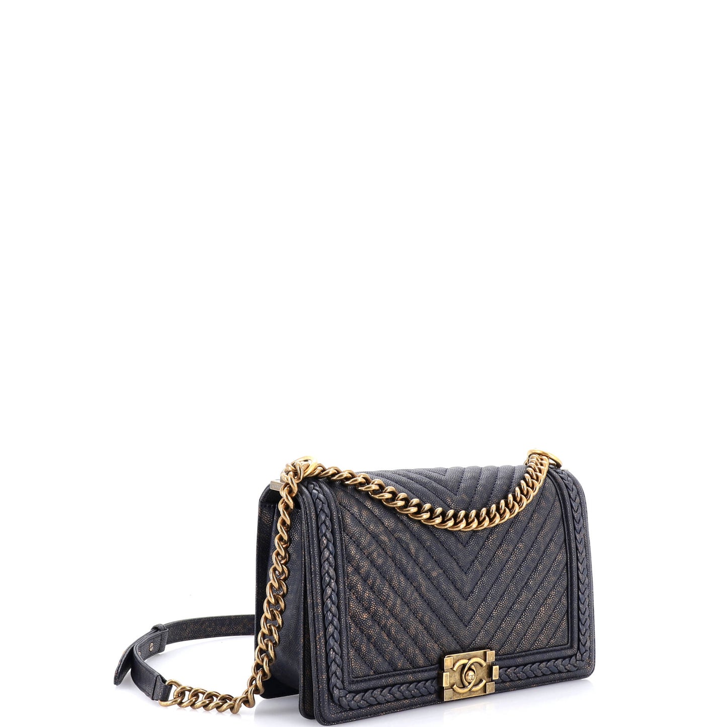 シャネル ブレイデッド ボーイ フラップバッグ パティーヌ加工 シェブロン キャビア ニューミディアム