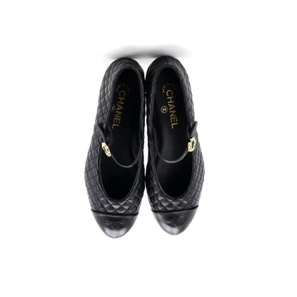 シャネル レディース フラワー キャップトゥ メリージェーン フラットシューズ キルティングレザー