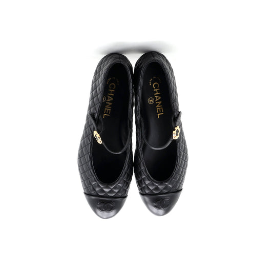 シャネル レディース フラワー キャップトゥ メリージェーン フラットシューズ キルティングレザー
