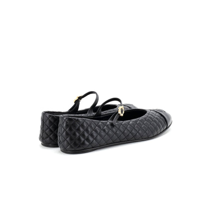 シャネル レディース フラワー キャップトゥ メリージェーン フラットシューズ キルティングレザー