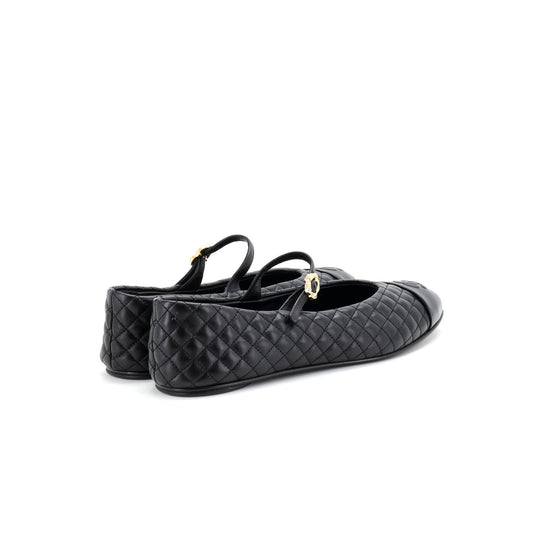 シャネル レディース フラワー キャップトゥ メリージェーン フラットシューズ キルティングレザー