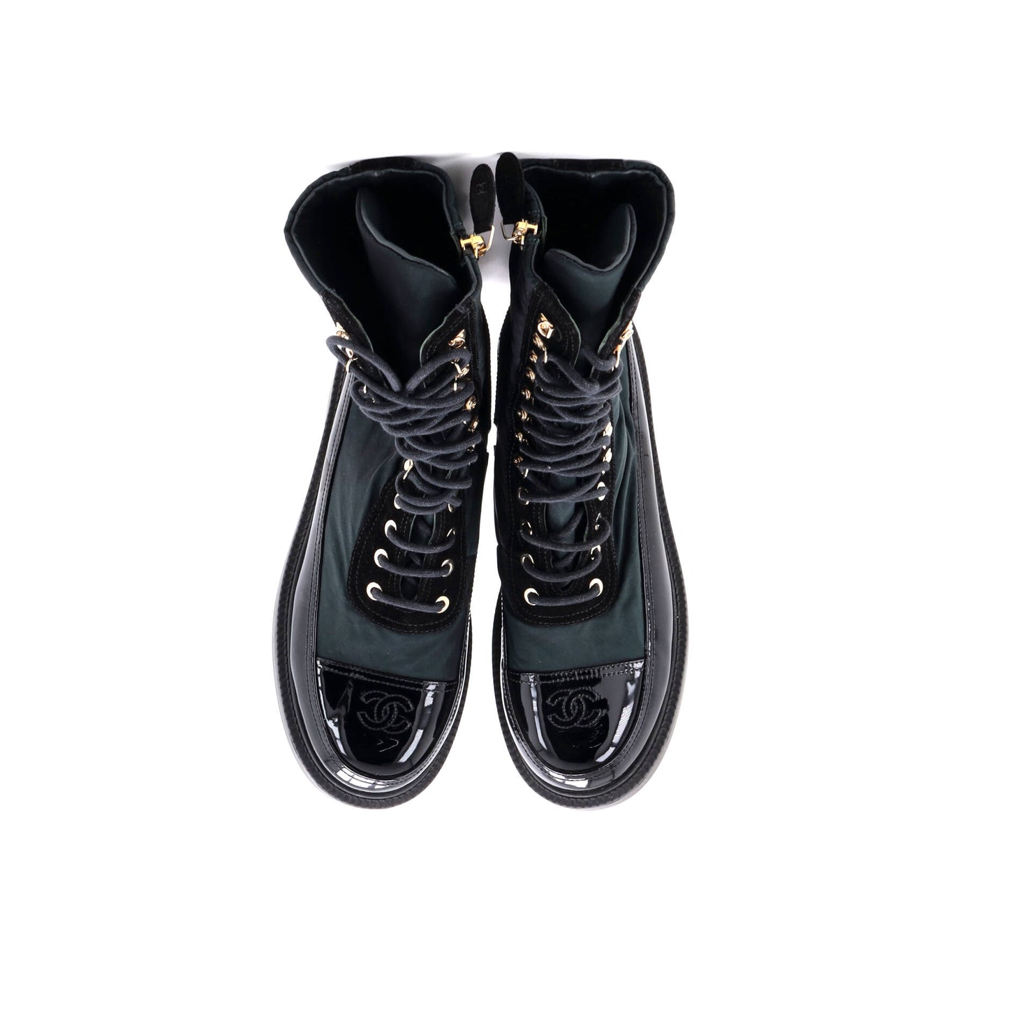 シャネル レディース CC キャップトゥ レースアップブーツ ナイロン スエード＆パテント