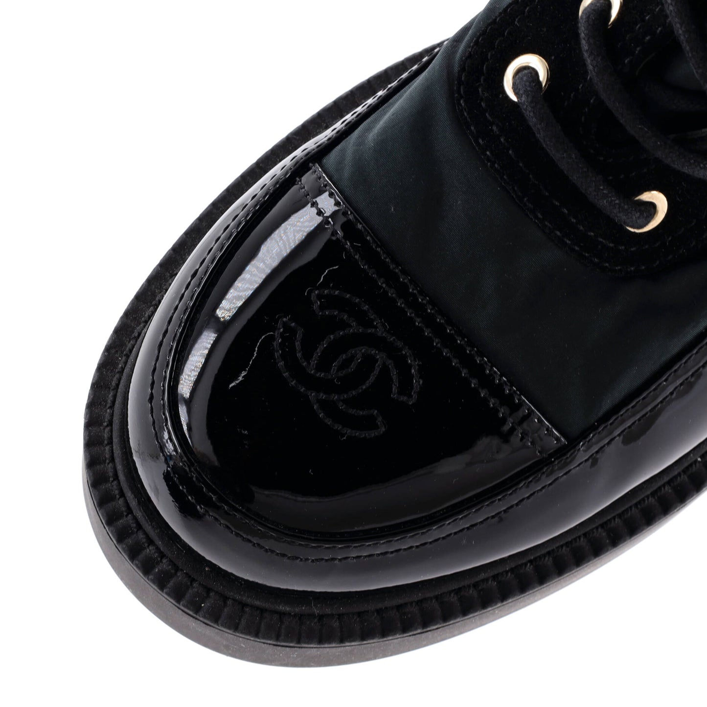 シャネル レディース CC キャップトゥ レースアップブーツ ナイロン スエード＆パテント