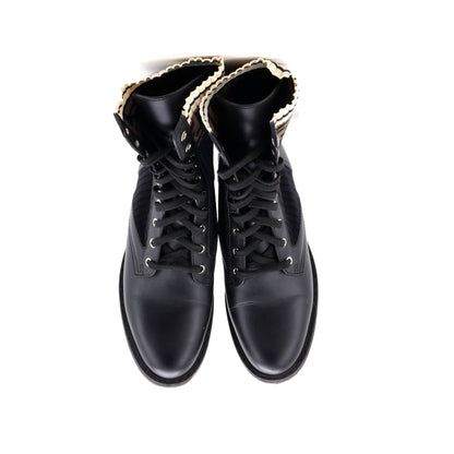 フェンディレディース ロココ コンバットブーツ レザー、ニットストレッチファブリック、ズッカ柄