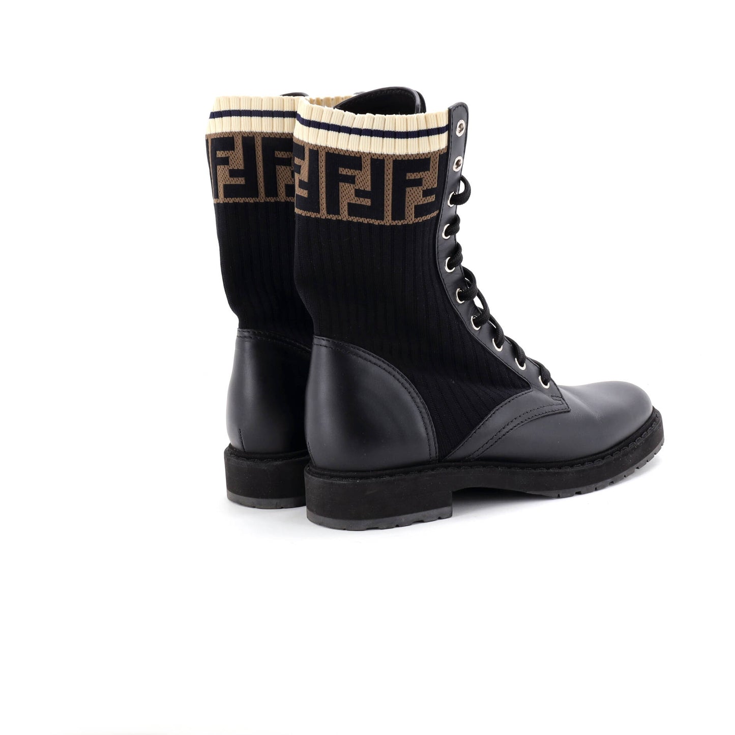 フェンディレディース ロココ コンバットブーツ レザー、ニットストレッチファブリック、ズッカ柄