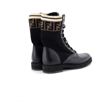 フェンディレディース ロココ コンバットブーツ レザー、ニットストレッチファブリック、ズッカ柄