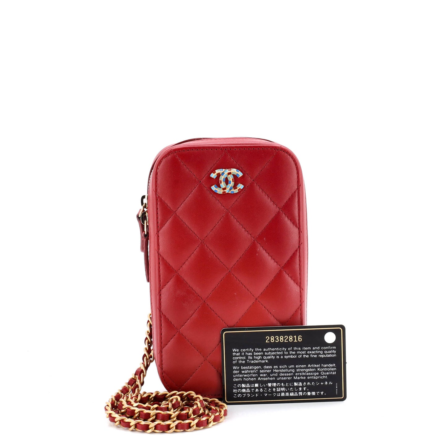 シャネル ジップアラウンド フォンケース チェーン付き キルティング ラムスキン