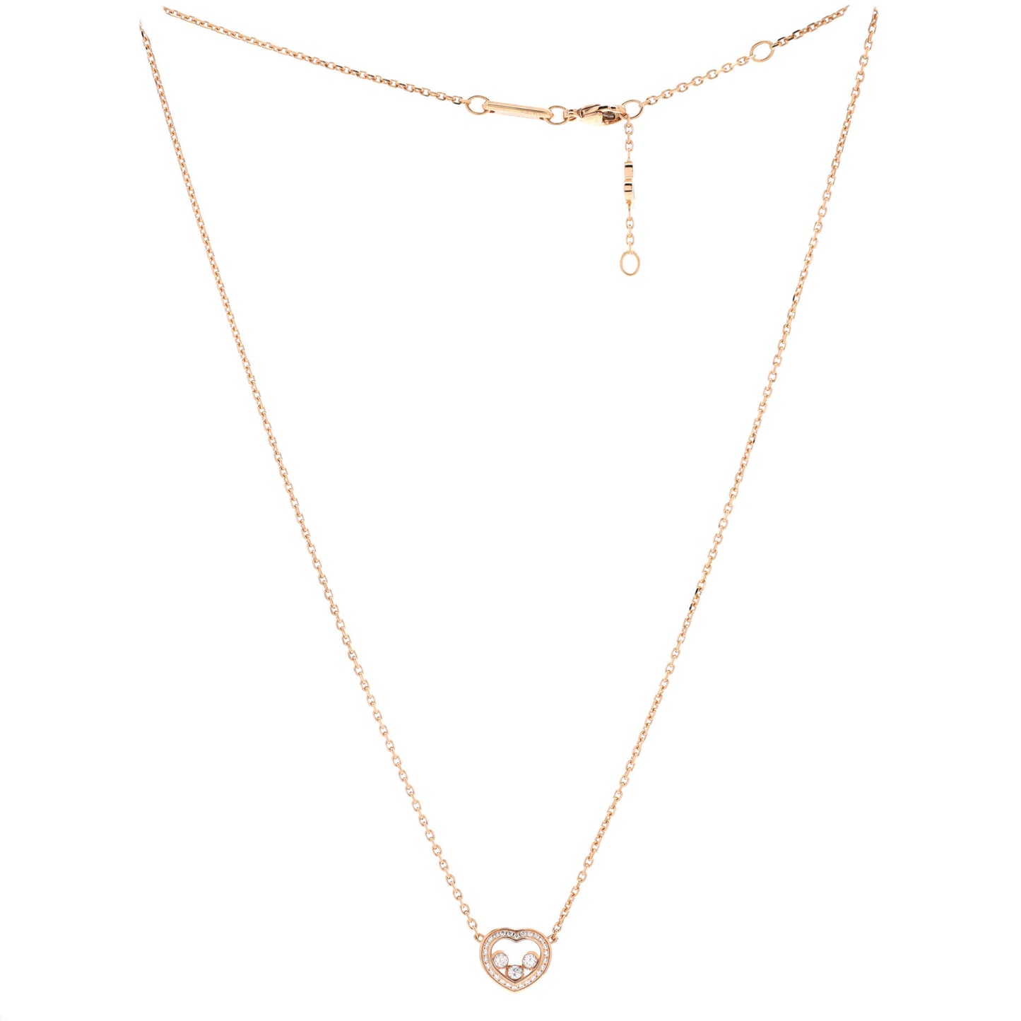 ショパール ハッピー ダイヤモンド ハート ペンダント ネックレス 18K ローズゴールド ダイヤモンドとフローティング ダイヤモンド 3 個付き