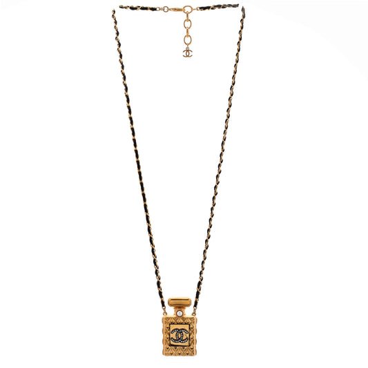 シャネル CC パフュームボトル ペンダントチェーン ロングネックレス メタル、レザー、クリスタル、フェイクパール