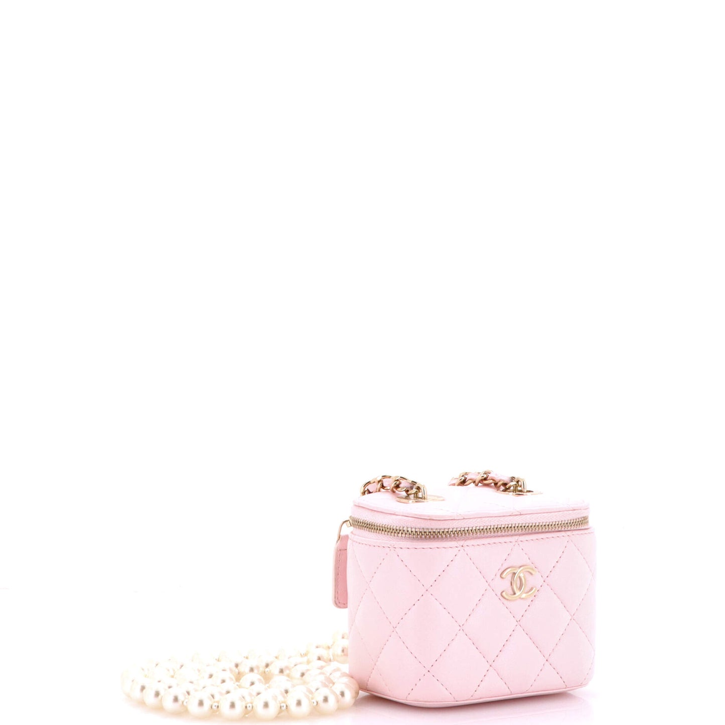 シャネル パールチェーン付きバニティケース キルティング ラムスキン ミニ