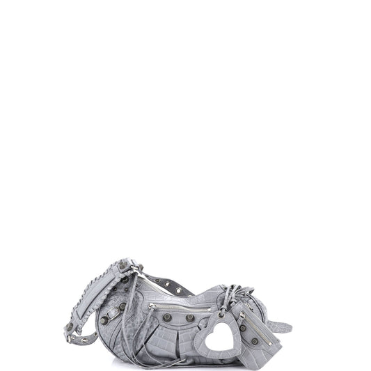 Balenciaga Le Cagole Giant Stud Shoulder Bag in Crocodile-Embossed Leather, Small