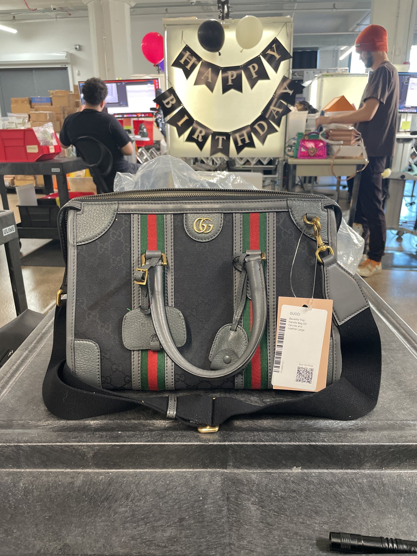 Gucci Bauletto Top Handle Bag in GG Canvas and Leather, Medium