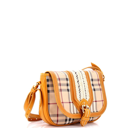 Burberry Buckle Flap Messenger Bag Haymarket Coated Canvas and Braided Leather Small