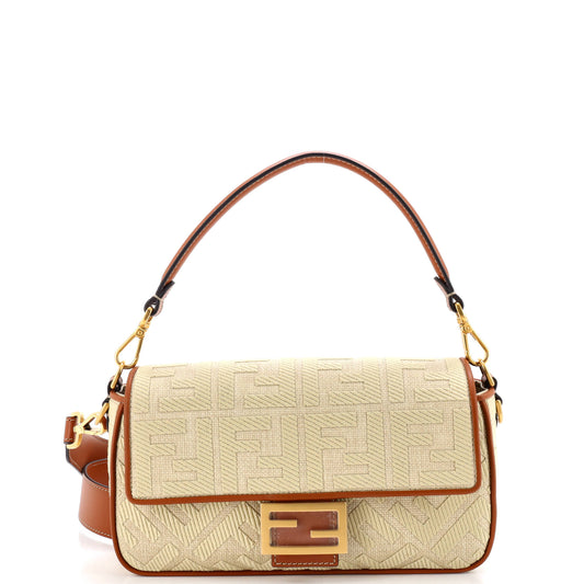 Fendi Baguette NM Medium Bag with Zucca Embroidery and Raffia
