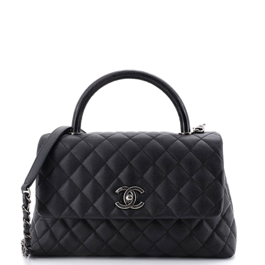 Chanel Coco Top Handle Bag, Quilted Caviar, Lizard-Embossed Handles, Small