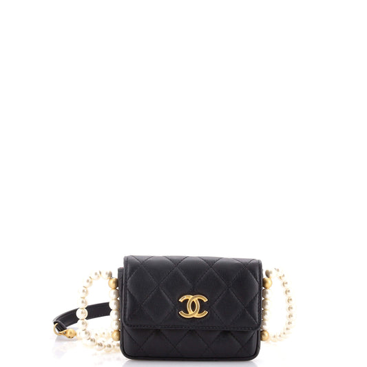 CHANEL About Pearls Flap Card Holder in Quilted Calfskin with Chain
