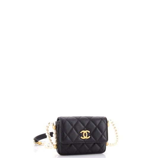 CHANEL About Pearls Flap Card Holder in Quilted Calfskin with Chain