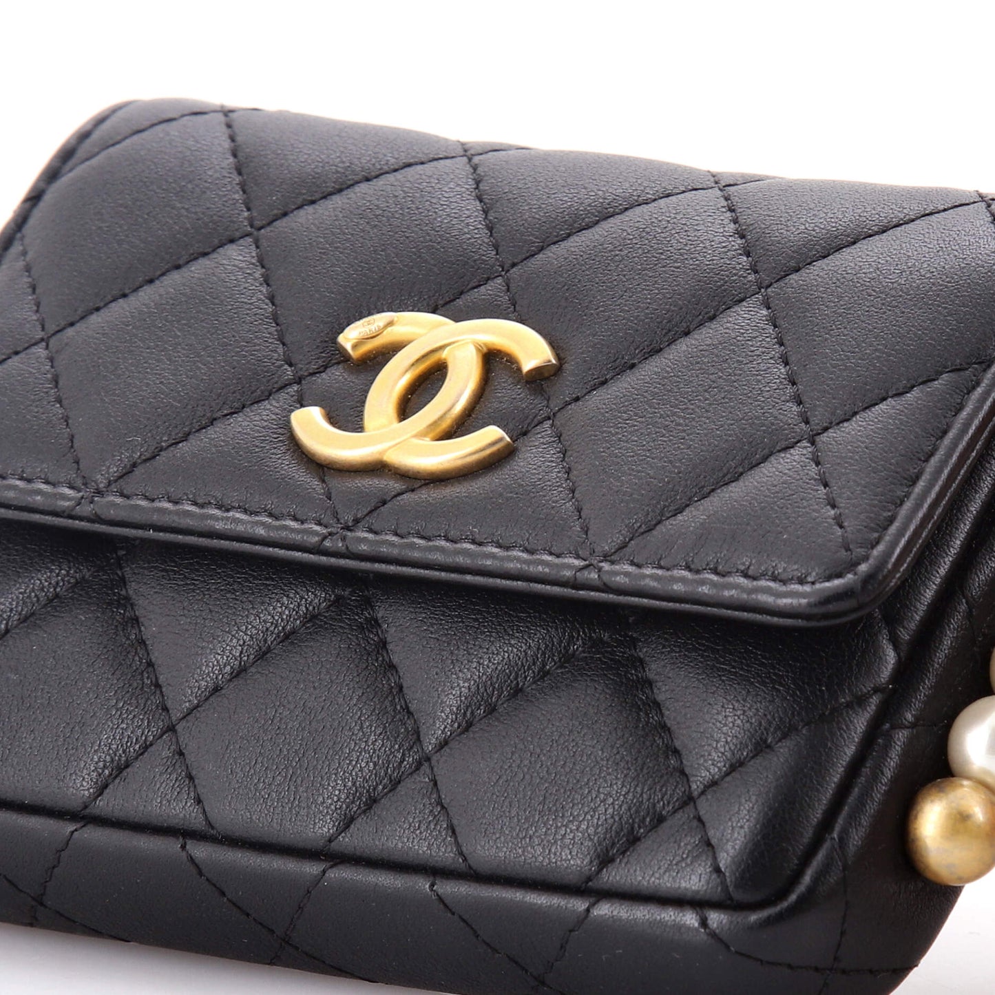 CHANEL About Pearls Flap Card Holder in Quilted Calfskin with Chain