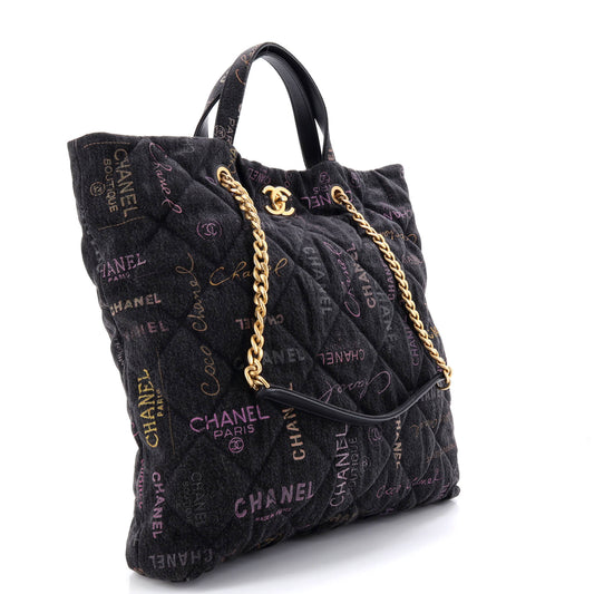 Chanel Denim Mood Shopping Tote Bag with Logo Print and Quilted Denim Maxi