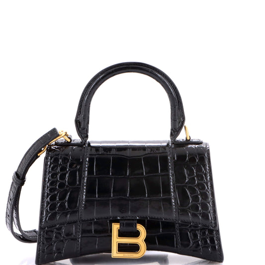Balenciaga Hourglass Top Handle Bag in Crocodile Embossed Leather, XS