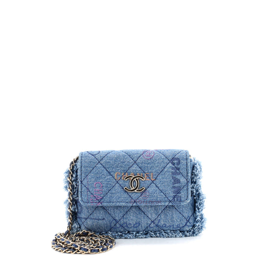 Chanel Denim Mood Flap Clutch with Chain Logo Print, Quilted and Fringed Denim