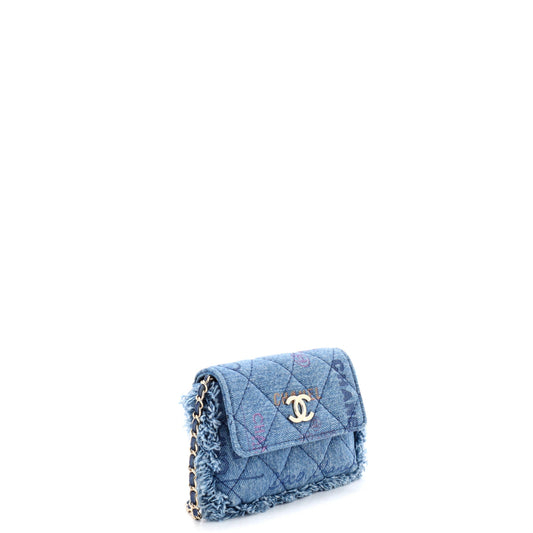 Chanel Denim Mood Flap Clutch with Chain Logo Print, Quilted and Fringed Denim