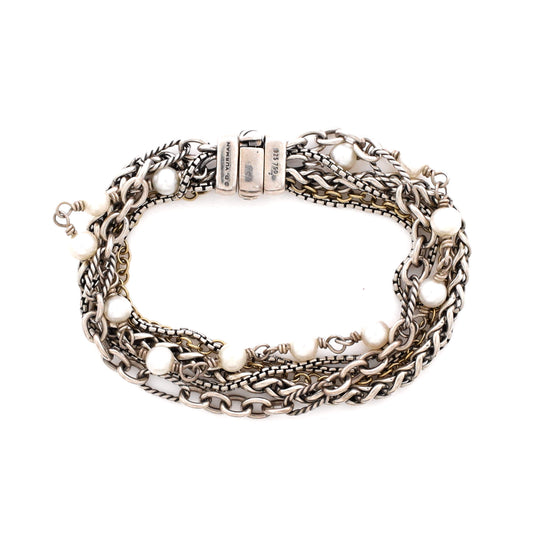 David Yurman Multi-Strand Chain Bracelet in Sterling Silver, 18K Yellow Gold, and Pearl