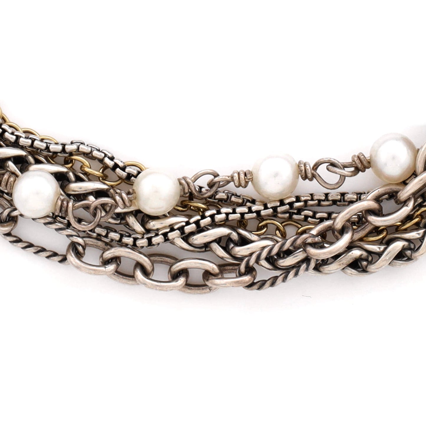 David Yurman Multi-Strand Chain Bracelet in Sterling Silver, 18K Yellow Gold, and Pearl