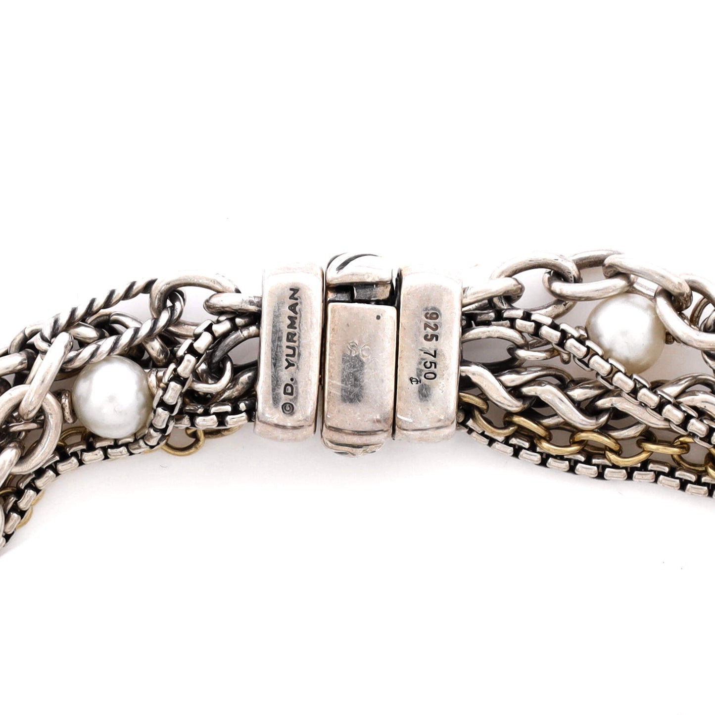 David Yurman Multi-Strand Chain Bracelet in Sterling Silver, 18K Yellow Gold, and Pearl