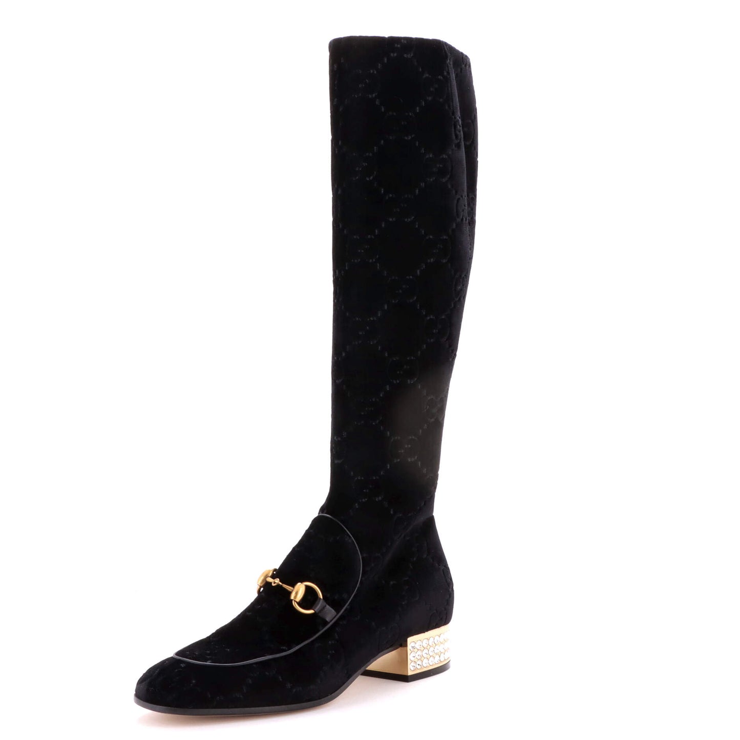 Gucci Women's Horsebit Knee-High Embellished Heel Boots in GG Velvet