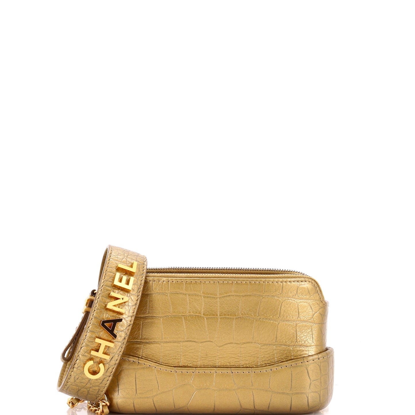 Chanel Gabrielle logo handle double-zip clutch bag with chain in crocodile-embossed calfskin