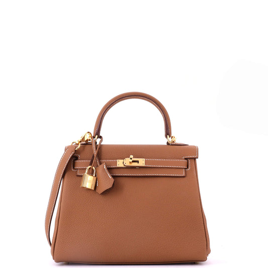 Hermès Kelly handbag, brown Togo leather with gold hardware, size 25