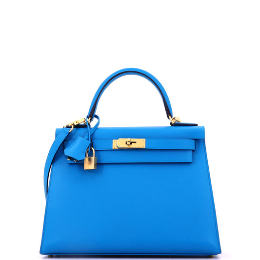 Hermes Kelly Handbag Blue Madame Gold Hardware Size 28